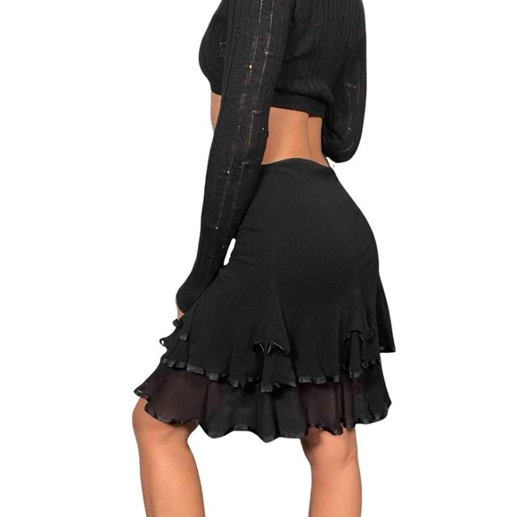 Vintage 2000s Black Mesh Skirt with Ruffle (XS-S) Made in Italy Festival Party - Picture 3 of 8